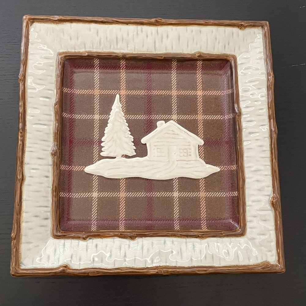Homestudio Lake Cabin Dinner Plate Square Plaid Rustic Embossed Stoneware 11" - Picture 13 of 13